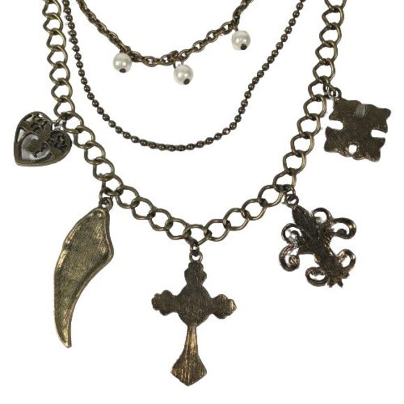 NWT Cookie Lee 3-Tiered Multi-Strand Charm Necklace w/Faux Pearls Crystals Glass - Picture 6 of 10